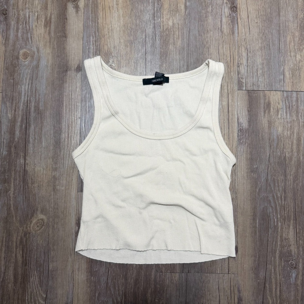 Forever 21 Ribbed Cropped Tank Top Womens XS White Stretch Scoop Neck Casual